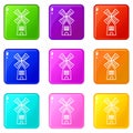 Farm windmill icons set 9 color collection Royalty Free Stock Photo