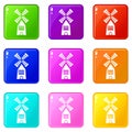 Farm windmill icons set 9 color collection Royalty Free Stock Photo