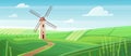 Farm windmill in village landscape, country road to silo tower with wind turbine Royalty Free Stock Photo