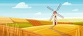 Farm windmill in village landscape, country road to silo tower with wind turbine Royalty Free Stock Photo