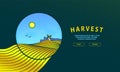 Farm with windmill in the village and yellow ripe wheat field in a round frame. Harvest banner for a landing page with a grain Royalty Free Stock Photo