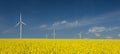 Farm of windturbines close to field Royalty Free Stock Photo