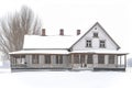 farm winter house. white snow covered roof and snow covered landscape. Royalty Free Stock Photo