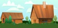 Farm wooden house with barn. Simple rural landscape. Village vegetable garden lifestyle. Cartoon fun style. Flat design