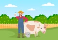 Farmer with cow icon. Farm worker is standing near the cow in a meadow and holding a bottle of milk