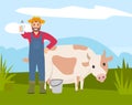 Farmer with cow icon. Farm worker is standing near the cow in a meadow and holding a bottle of milk