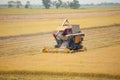 Farm worker harvesting rice with Combine machine Royalty Free Stock Photo