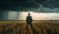 Farm worker holding wheat, looking at horizon over land generated by AI Royalty Free Stock Photo