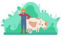 Farm worker is standing near the cow in a meadow and holding a bottle of milk. Farm production