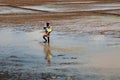 Farm worker throws fertilizer in the paddy fields Royalty Free Stock Photo