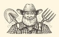 Hand drawn happy bearded farmer in hat with pitchfork and shovel in sketch style. Farm worker vector illustration Royalty Free Stock Photo