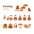 Farming products icons set, farm house, fruit vegetables, cow milk, meat