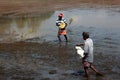Farm workers  throw fertilizer in the paddy fields Royalty Free Stock Photo