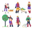 Farm workers work in garden cartoon flat vector illustration isolated. Royalty Free Stock Photo