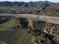 farmed fields of Borghetto di Borbera Piedmont Italy Village aerial View Panorama landscape
