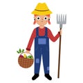 Cute farmer girl holding a rake in cartoon style. Farm character worker clipart