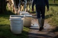 farmer against the background of a herd of cows with cans of milk Royalty Free Stock Photo