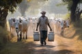 farmer against the background of a herd of cows with cans of milk