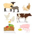 Farmer animals set in cartoon style. Vector illustration of pig, cow, rabbit, sheep, chicken, lamb. Countryside, rural