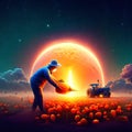 Farmer on the background of the full moon. 3d rendering. Generative AI