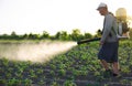 A farmer with a backpack spray treats the plantation with pesticides. Protection of plants from insects and fungal infections.