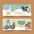 Farmer banner design with flowerpot, tractor, cow watercolor illustration