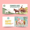 Farmer banner design with goat, grass, pig watercolor illustration