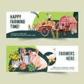 Farmer banner design with leaf, greenhouse, carrot watercolor illustration