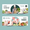 Farmer banner design with pig, chicken, duck watercolor illustration