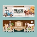 Farmer banner design with tractor, horse, cow watercolor illustration