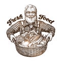 Farmer with basket of fresh vegetables. Sketch vector illustration