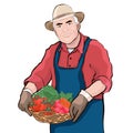 Farmer with basket of fresh vegetables, vector illustration, cartoon drawing. Colorful portrait elderly men keep in hand basket