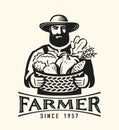 Farmer with a basket, full of fresh vegetables. Agriculture, farming logo or badge. Healthy organic natural farm food Royalty Free Stock Photo