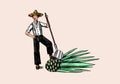 Farmer with blue agave Plant. Mexican man. Tequila production process. Retro poster or banner. Engraved hand drawn Royalty Free Stock Photo