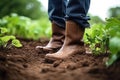 Farmer in boots standing amongst young plants in soil