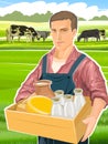 Farmer with a box of dairy products milk, cheese, cream. Bottles, jug. Against the backdrop of a rural landscape with Royalty Free Stock Photo