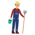 Farmer with a bucket and a spading fork isolated element. Farm man Royalty Free Stock Photo