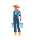 Farmer with buckets. Cartoon agricultural worker carrying gardening instruments. Happy man holding metal baskets. Young