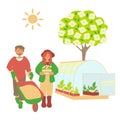 Farmer carries soil on a cart Girl farmer stand in the garden with box of tulipes Greenhouse on background Flat vector