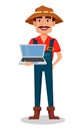 Farmer cartoon character. Cheerful gardener holds laptop