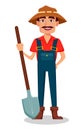 Farmer cartoon character. Cheerful gardener holds a shovel.