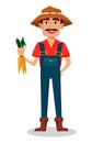 Farmer cartoon character. Cheerful gardener rancher holds fresh carrots.