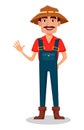 Farmer cartoon character. Cheerful gardener waves hand.