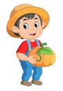 Farmer cartoon character. Cheerful farmer holding pumpkins