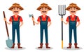 Farmer cartoon character set. Cheerful gardener