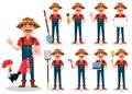 Farmer cartoon character, set. Handsome gardener or rancher