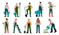 Farmer character. Agricultural workers with equipment working on farm and garden. Men digging ground or watering plants Royalty Free Stock Photo