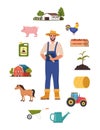 Farmer character and different farm elements. Man farmer, barn, pig, fertilizer, haystack, cart, crop, pitchfork, watering can,