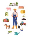 Farmer character and different farm elements. Man farmer, barn, pig, fertilizer, haystack, cart, crop, pitchfork, watering can,