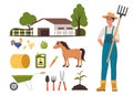 Farmer character and different farm elements. Woman farmer, barn, horse, fertilizer, haystack, cart, crop, pitchfork, watering can